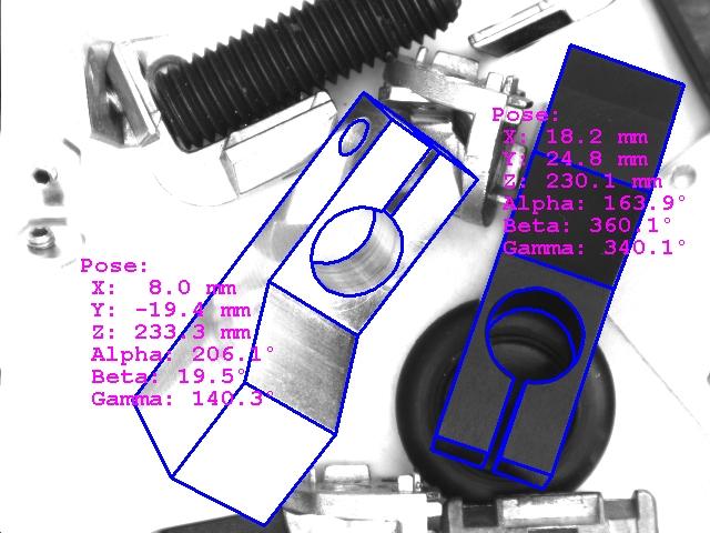 HALCON 8.0 finds an object in arbitrary 3D poses and orientations by matching a pre-trained CAD model.