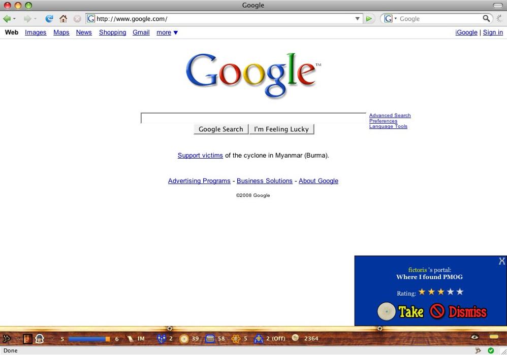 The PMOG Firefox Toolbar allows players to leave game content on web sites for other players; here is a player-created portal on google.com.