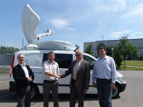 left to right: ND SatCom Account Manager Gérard Elineau, GlobeCast's Technical Manager Dominique Orain, ND SatCom Managing Director & CTO Dr. Gerhard Bommas and ND SatCom System Engineer Amir Lagumdzija during delivery of the SNG vehicle